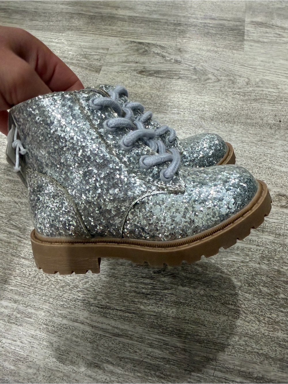 Old Navy Silver Glitter Lace-Up Kids Boots with Tan Sole